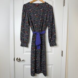 Raoul Multicolor Meadow Floral Long Sleeve Dress with Purple Belt Vintage